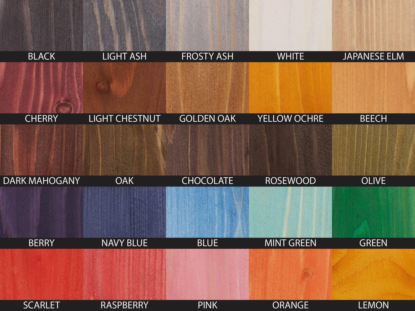 Color swatch showing 25 different wood stain options for the pendant lampshade, ranging from light to dark tones, including colors like cherry, light chestnut, dark mahogany, oak, rosewood, navy blue, scarlet, and lemon.