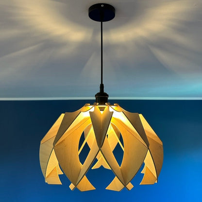 Modern wooden pendant lamp with a flower-like design, crafted from eco-friendly birch wood, 37cm in diameter, perfect for contemporary and rustic interiors.