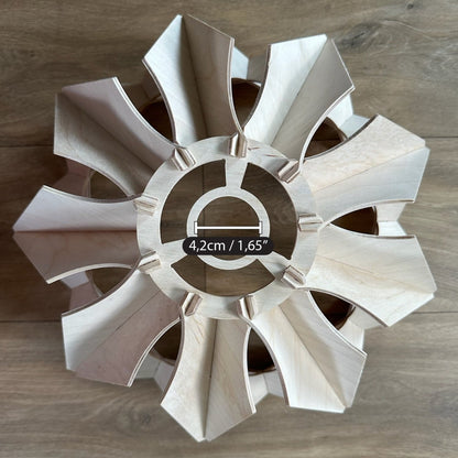 Top view of a wooden pendant lamp with a modern flower-like design, showcasing the dimensions of the fixture, crafted from eco-friendly birch wood.